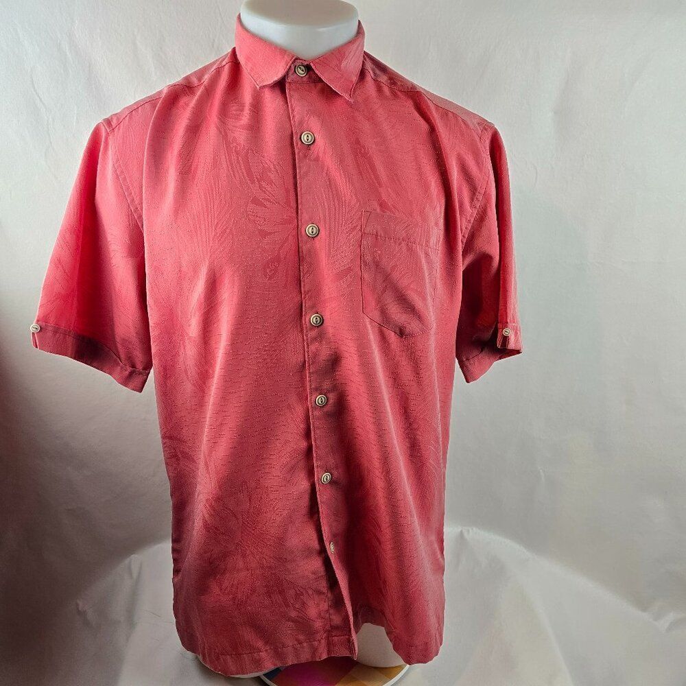 Cubavera Shirt Mens Medium Red Button Up Hawaiian Floral Leaves Relaxed Vacation